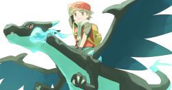 Rule 34 | 1boy, arm behind head, backpack, backwards hat, bag, baseball cap, blue fire, breath weapon, brown eyes, brown hair, charizard, claws, closed mouth, creatures (company), fire, flame-tipped tail, from below, game freak, gen 1 pokemon, hat, highres, jacket, male focus, mega charizard x, mega pokemon, nintendo, pants, pokemon, pokemon (creature), pokemon frlg, red (pokemon), red headwear, riding, riding pokemon, short sleeves, simple background, sitting, smile, spiked hair, torinoko (miiko draw), white background, wristband, yellow bag
