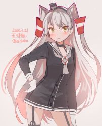 Rule 34 | 1girl, amatsukaze (kancolle), black dress, blush, character name, closed mouth, contrapposto, cowboy shot, dated, dress, gradient hair, grey hair, hair tubes, hairband, kantai collection, kasumi (skchkko), long hair, looking at viewer, multicolored hair, pink hair, sailor collar, sailor dress, short dress, solo, twitter username, two side up, very long hair, white sailor collar, yellow eyes