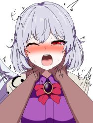 1boy 1girl blush bow braid breasts brooch collared_shirt ears feathered_wings french_braid hair_between_eyes half_up_braid highres jacket japanese_text jewelry kishin_sagume large_breasts looking_at_viewer nose one_eye_closed open_mouth pov pov_hands purple_shirt red_bow red_eyes ryona saliva shirt short_hair single_wing strangling sweat tan_jacket tateno_a tears teeth touhou upper_body upper_teeth_only white_background white_wings wings