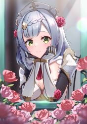 Rule 34 | 1girl, absurdres, armor, armored dress, ascot, blurry, boobplate, braid, braided bangs, breastplate, breasts, closed mouth, commentary request, depth of field, flower, gauntlets, genshin impact, green eyes, grey hair, hair flower, hair ornament, hands on own chin, head rest, highres, long hair, looking at viewer, maid headdress, mattsi hbkk, medium hair, noelle (genshin impact), own hands together, red ascot, red flower, red rose, rose, shield hair ornament, shoulder armor, small breasts, smile, solo, upper body