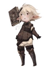 Rule 34 | 1boy, black gloves, blonde hair, blush, blush stickers, book, boots, final fantasy, final fantasy xiv, floating, floating book, floating object, fur-trimmed sleeves, fur trim, gloves, green eyes, grimoire weiss, hair between eyes, highres, jy00ae, lalafell, male focus, nier, nier (series), nier (young), open mouth, pointy ears, pointy hair, simple background, solo, standing, twitter username, white background