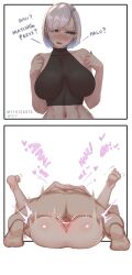 Rule 34 | 1boy, 1girl, 2koma, anus, ass, belly, blue eyes, breasts, comic, crop top, english text, folded, hetero, highres, hololive, hololive indonesia, instant loss, large breasts, mating press, myth1carts, navel, nude, open mouth, pavolia reine, penis, pussy, sex, short hair, twitter logo, vaginal, virtual youtuber