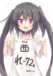 Rule 34 | 1girl, amano kouki, black hair, blush, clothes writing, hair between eyes, highres, long hair, looking at viewer, open mouth, original, pointing, pointing at self, purple eyes, shirt, short sleeves, simple background, solo, twintails, two side up, very long hair, white background, white shirt