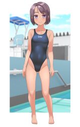 1girl absurdres barefoot black_hair black_one-piece_swimsuit blue_eyes blue_sky cloud commentary_request competition_swimsuit covered_navel day full_body highleg highleg_one-piece_swimsuit highres lifeguard_chair one-piece_swimsuit original outdoors short_hair sky solo standing swimsuit takafumi tan