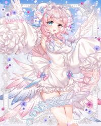 Rule 34 | 1girl, armpits, blue eyes, blush, bow, braid, breasts, bun cover, commission, commissioner name, double bun, dress, drill hair, fang, feathered wings, flower, frilled dress, frills, gradient hair, hair bun, hair flower, hair ornament, heterochromia, large breasts, long hair, long sleeves, looking at viewer, multicolored hair, munlu (wolupus), open mouth, original, pink eyes, pink hair, skeb commission, sleeves past fingers, sleeves past wrists, smile, solo, white dress, wings