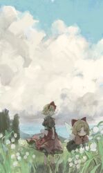 Rule 34 | 2girls, black shirt, blonde hair, blue eyes, blue sky, bow, cloud, commentary request, flower, full body, hair bow, highres, lily of the valley, medicine melancholy, multiple girls, outdoors, red bow, red skirt, shirt, short hair, short sleeves, skirt, sky, su-san, touhou, white flower, wings, yokunomou