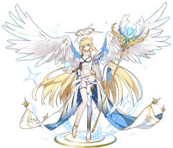 Rule 34 | 1girl, ark order, artist request, bare shoulders, blonde hair, blue eyes, breasts, cleavage, clothing cutout, detached sleeves, earrings, falling feathers, feathered wings, feathers, full body, gold footwear, halo, head wings, high heels, highres, holding, holding staff, jewelry, large breasts, leotard, long hair, michael (ark order), navel, navel cutout, official art, orb, shoes, single thighhigh, solo, sparkle, staff, tachi-e, thigh strap, thighhighs, transparent background, very long hair, white wings, wings