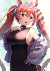 Rule 34 | 1girl, alternate costume, animal ears, antenna hair, armpits, bare shoulders, black dress, breasts, commentary request, cowboy shot, daiwa scarlet (umamusume), dress, fang, grey jacket, hair between eyes, hair intakes, hand on own hip, highres, horse ears, jacket, jacket partially removed, large breasts, long hair, long sleeves, looking at viewer, open mouth, red eyes, red hair, sideboob, sleeveless, sleeveless dress, solo, sunlight, sweat, tiara, twintails, umamusume, upper body, very long hair, wanderlucia
