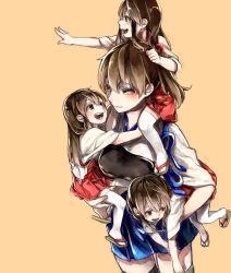 Rule 34 | 10s, 4girls, akagi (kancolle), armor, brown eyes, brown hair, carrying, carrying over shoulder, carrying under arm, highres, japanese clothes, kaga (kancolle), kantai collection, multiple girls, multiple persona, muneate, open mouth, sandals, shoulder carry, shuu-0208, side ponytail, thighhighs, yellow eyes, aged down