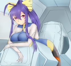 Rule 34 | 1girl, antenna hair, blazblue, blue hair, bodysuit, bow, breast press, breast rest, breasts, cockpit, crossed arms, genderswap, genderswap (mtf), hair between eyes, hair bow, hair ribbon, highres, large breasts, long hair, looking to the side, mai natsume, nom (nomhun), patterned clothing, pilot, pilot suit, ponytail, purple eyes, ribbon, science fiction, sidelocks, skin tight, smile, yellow bow
