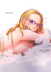 Rule 34 | 1girl, aosora2823, blonde hair, blush, breast press, breasts, bubble, completely nude, convenient censoring, earrings, forehead, glasses, highres, jewelry, kalifa (one piece), large breasts, looking at viewer, looking to the side, nude, one piece, parted lips, simple background, smile, soap bubbles, soap censor, solo, twitter username, upper body, white background