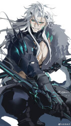 Rule 34 | 1boy, alchemy stars, bara, bare pectorals, barton (alchemy stars), blue eyes, chest harness, gloves, grin, harness, highres, holding, holding weapon, large pectorals, long hair, male focus, official alternate costume, pectorals, scar, scar on chest, scar on face, sharp teeth, smile, solo, squatting, teeth, thick eyebrows, turning head, weapon, white hair, ye zi (user rctc4832)