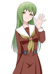 Rule 34 | 1girl, alternate height, arm at side, brown dress, closed mouth, cowboy shot, dress, green hair, hair ornament, hairclip, hand up, hashtag-only commentary, hasu no sora school uniform, highres, link! like! love live!, long hair, long sleeves, looking at viewer, love live!, mimkai, neckerchief, oogami sachi, pleated dress, sailor collar, sailor dress, school uniform, simple background, single sidelock, smile, split mouth, straight hair, white background, white sailor collar, winter uniform, yellow eyes, yellow neckerchief