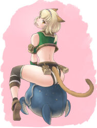 Rule 34 | 1girl, :3, :d, animal ears, arm pouch, ass, adventurer (ff11), bare shoulders, black panties, black socks, blonde hair, brown footwear, brown tail, cactus41747280, cat ears, cat girl, cat tail, crab, final fantasy, final fantasy xi, full body, green vest, hairband, highres, looking back, medium hair, mithra (ff11), multicolored hairband, open mouth, orange eyes, panties, pouch, shaft look, sitting, sitting on animal, smile, socks, solo, tail, thief (final fantasy), thighs, two-tone panties, underwear, vest, white panties