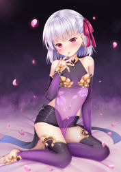 Rule 34 | 1girl, bare shoulders, bed sheet, black skirt, blush, collarbone, commentary request, detached leggings, detached sleeves, dress, earrings, fate/grand order, fate (series), female focus, fingernails, hair ribbon, hand to own mouth, hand up, head tilt, highres, jewelry, kama (fate), kama (first ascension) (fate), long sleeves, looking at viewer, navel, parted lips, petals, puririn, purple dress, purple legwear, purple sleeves, red eyes, red ribbon, ribbon, see-through, silver hair, sitting, skirt, sleeveless, sleeveless dress, solo, yokozuwari