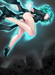 Rule 34 | 1girl, ass, black dress, breasts, closed mouth, curly hair, dress, el quijote, floating, green eyes, green hair, high heels, highres, legs, long sleeves, looking at viewer, matching hair/eyes, one-punch man, short hair, small breasts, solo, tatsumaki