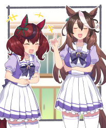 Rule 34 | 2girls, ^ ^, animal ears, blouse, blurry, blurry background, blush, closed eyes, hair between eyes, hair ornament, hands on stomach, highres, horse ears, horse girl, horse tail, laughing, long hair, matsumoto tomoyohi, medium hair, multicolored hair, multiple girls, nice nature (umamusume), open mouth, purple shirt, red hair, school uniform, shirt, symboli rudolf (umamusume), tail, tears, thighhighs, umamusume, white thighhighs