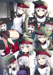Rule 34 | 2girls, arm support, bare shoulders, black shorts, blush, blush stickers, boots, breasts, chibi, closed eyes, closed mouth, eye contact, flat cap, g11 (girls&#039; frontline), girls&#039; frontline, green hat, grey eyes, gun, hair between eyes, hair ornament, hat, head tilt, highres, hk416 (girls&#039; frontline), holding, holding gun, holding weapon, jacket, jitome, looking at another, looking at viewer, looking up, multiple girls, multiple views, name connection, object namesake, open mouth, parted lips, profile, purple jacket, red footwear, shirt, short shorts, shorts, silver hair, sitting, small breasts, standing, tama satou, tank top, translation request, v-shaped eyebrows, weapon, white shirt