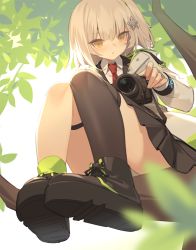 Rule 34 | 1girl, arknights, black footwear, black skirt, black thighhighs, blush, brown eyes, camera, commentary, hair ornament, jacket, kildir, long sleeves, looking at viewer, open clothes, open jacket, pleated skirt, scene (arknights), shoes, short hair, silver hair, single thighhigh, sitting, skirt, solo, star (symbol), star hair ornament, thigh strap, thighhighs, white background, white jacket