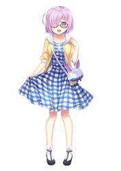 Rule 34 | 1girl, black-framed eyewear, capura lin, dress, fate/grand order, fate (series), full body, hair over one eye, light purple hair, looking at viewer, mash kyrielight, mash kyrielight (senpai killer outfit), official alternate costume, open mouth, purple eyes, short hair, simple background, solo, standing, white background