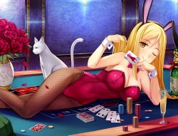 Rule 34 | 1girl, ;), adjusting hair, alcohol, animal ears, blonde hair, blush, bottle, bow, bowtie, breasts, card, casino, cat, champagne, champagne flute, cleavage, covered navel, cup, detached collar, drinking glass, fake animal ears, fishnet pantyhose, fishnets, flower, glass, tucking hair, hairband, higurashi no naku koro ni, holding, holding card, indoors, large breasts, leotard, long hair, looking at viewer, lying, on side, on table, one eye closed, pantyhose, parted bangs, petals, playboy bunny, playing card, poker chip, poker table, rabbit ears, red flower, red rose, rose, roulette table, ruffling hair, smile, solo, strapless, strapless leotard, table, takano miyo, vase, wrist cuffs, yellow eyes, yokaze japan