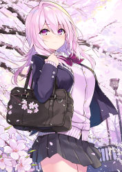 Rule 34 | 1girl, bag, black jacket, black skirt, blazer, bow, branch, breasts, cardigan, cherry blossoms, closed mouth, collared shirt, commentary request, cu-no, day, flower, hair between eyes, hand up, hisen kaede, jacket, lamppost, long hair, long sleeves, looking at viewer, looking to the side, medium breasts, open clothes, open jacket, outdoors, petals, pink cardigan, pink flower, pink hair, pleated skirt, purple eyes, railing, red bow, school bag, school uniform, shirt, single hair intake, skirt, sleeves past wrists, smile, solo, white shirt, yayoi sakura