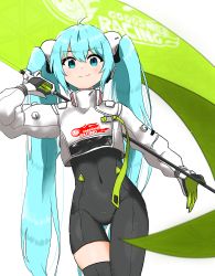 Rule 34 | 1girl, absurdres, aqua eyes, aqua hair, asymmetrical clothes, asymmetrical legwear, black bodysuit, black gloves, black thighhighs, bodysuit, bodysuit under clothes, covered navel, crop top, crop top overhang, cropped jacket, female focus, flag, gloves, goodsmile racing, green gloves, hair between eyes, hatsune miku, headgear, highres, holding, holding flag, jacket, long hair, long sleeves, looking at viewer, looking down, over shoulder, puffy sleeves, racing miku, racing miku (2022), sidelocks, single thighhigh, smug, solo, standing, thigh gap, thighhighs, twintails, two-tone gloves, very long hair, vocaloid, white background, white jacket