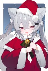 Rule 34 | 1girl, absurdres, animal ears, bandaid, bandaid on face, bandaid on nose, bell, blush, capelet, cat ears, christmas, commentary, dress, english commentary, fenrir (fenriluuu), fur-trimmed capelet, fur-trimmed dress, fur-trimmed headwear, fur trim, grey hair, hair ornament, hairclip, hat, highres, holding, holding sack, long hair, looking at viewer, neck bell, neck ribbon, open mouth, original, pink eyes, red capelet, red dress, red hat, ribbon, rir-chan, sack, santa costume, santa hat, smile, snowing, solo, twintails, upper body