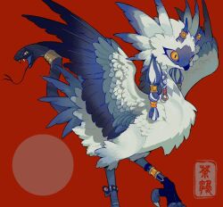 Rule 34 | animal focus, anklet, beak, bird wings, blue horns, braid, bul (moiko), commission, fangs, feathered wings, feet out of frame, forked tongue, from side, hair tubes, horn ornament, horn ring, horns, jewelry, monster, neck ring, no humans, open mouth, original, red background, simple background, single braid, snake, snake head tail, solo, tail, talons, tongue, wings, yellow eyes
