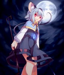 Rule 34 | 1girl, animal ears, bad id, bad pixiv id, bow, capelet, dowsing rod, dress, female focus, full moon, gem, glowing, grey dress, grey hair, jewelry, koza, kozakura (dictionary), looking at viewer, moon, mouse ears, mouse tail, nazrin, neckerchief, night, pendant, pink eyes, short hair, sky, solo, tail, touhou, upskirt