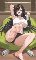 Rule 34 | 1girl, armpits, barefoot, bean bag chair, black choker, black hair, black jacket, blush, breasts, can, choker, commentary, commission, english commentary, eyewear on head, feet, hair over one eye, highres, holding, holding can, hood (james x), jacket, large breasts, leg up, long sleeves, looking at viewer, one eye covered, open clothes, open jacket, open mouth, original, smile, soles, solo, thighs, toes