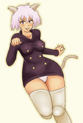 Rule 34 | 1girl, animal ears, blush, boots, breasts, buttons, cat ears, cat tail, covered erect nipples, dress, dutch angle, gender request, hunter x hunter, medium breasts, momo 765, neferpitou, panties, pantyshot, paw pose, purple eyes, purple hair, rirakukan, short hair, solo, standing, tail, thigh boots, thighhighs, underwear, white panties