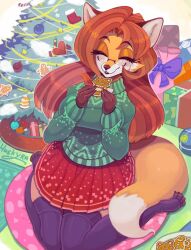 Rule 34 | 1girl, :3, ^ ^, animal ear fluff, animal ears, animal feet, animal nose, animated, artist name, bauble, blinking, blush, body fur, bow, box, breasts, bright pupils, brown hair, candy, candy cane, christmas ornaments, christmas tree, claws, closed eyes, closed mouth, cookie, cushion, female focus, food, fox ears, fox girl, fox tail, full body, furry, furry female, gift, gift box, gingerbread man, glasses, green eyes, green sweater, hands up, happy, heart, highres, holding, holding cookie, holding food, indoors, large breasts, long hair, long sleeves, looking at viewer, looping animation, miniskirt, open mouth, original, outline, pince-nez, plate, pleated skirt, purple-framed eyewear, purple bow, purple thighhighs, red skirt, semi-rimless eyewear, sidelocks, signature, sitting, skirt, smile, snout, snow, solo, sweater, syuriusuhusky, tail, thighhighs, toeless legwear, two-tone fur, video, wariza, white fur, white pupils, yellow fur