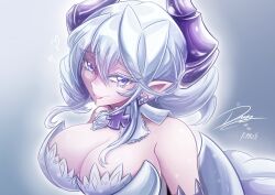 Rule 34 | 1girl, absurdres, breasts, detached collar, earrings, grey eyes, highres, horns, jewelry, kraus-illustration, large breasts, lovely labrynth of the silver castle, medium hair, pointy ears, tagme, white hair, wings, yu-gi-oh!