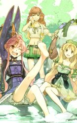 3girls ;d atelier_(series) atelier_ayesha atelier_resleriana ayesha_altugle bare_shoulders barefoot belt black_shorts blonde_hair bloomers blouse blush bow brown_eyes collarbone crop_top detached_sleeves dress feet fur_trim green_skirt hair_ornament hairclip hat head_tilt headdress hidari_(left_side) highres holding holding_hat holding_unworn_clothes kneepits leg_lift long_hair midriff miniskirt multiple_girls navel non-web_source off-shoulder_dress off-shoulder_shirt off_shoulder official_art one_eye_closed open_mouth orange_hair outdoors parted_lips petticoat plaid_clothes plaid_skirt pleated_skirt print_headwear puffy_short_sleeves puffy_sleeves red_hair regina_kurtis ribbon-trimmed_shirt rock shirt shoes short_sleeves shorts shorts_under_skirt sidelocks sitting skirt smile soaking_feet soles standing star_(symbol) star_print thumbs_up towel towel_around_neck underwear unworn_hat unworn_headwear unworn_shoes very_long_hair waist_bow water waterskin white_bloomers wilbell_voll-ersleid wiping_face witch witch_hat yellow_eyes