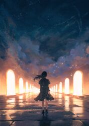 Rule 34 | 1girl, absurdres, black hair, cloud, cloudy sky, commentary request, dress, from behind, full body, highres, long hair, long sleeves, night, night sky, original, saisho (qpoujr), scenery, shoes, sky, solo, standing, star (sky), starry sky, wide shot