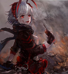 Rule 34 | 1girl, :d, absurdres, antennae, arknights, black gloves, black jacket, black scarf, breasts, chinese commentary, commentary request, fingerless gloves, gloves, grey shirt, highres, holding, horns, jacket, long sleeves, looking at viewer, medium breasts, open mouth, qianzhu, red eyes, scarf, shirt, short hair, silver hair, smile, solo, upper body, w (arknights)