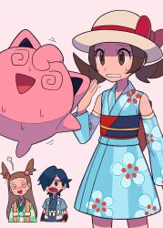 Rule 34 | 1boy, 2girls, @ @, blue kimono, bow, brown eyes, brown hair, clenched teeth, commentary request, creatures (company), detached sleeves, eyelashes, falkner (pokemon), floral print, game freak, gen 1 pokemon, giving up the ghost, green kimono, hand up, hat, hat bow, highres, japanese clothes, jasmine (pokemon), jasmine (special costume) (pokemon), jigglypuff, kimono, long hair, lyra (pokemon), lyra (summer 2020) (pokemon), multiple girls, nintendo, official alternate costume, open mouth, pokemon, pokemon (creature), pokemon hgss, pokemon masters ex, raised eyebrows, red bow, sweat, teeth, twintails, two side up, tyako 089, white headwear, yukata