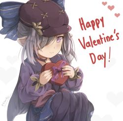 Rule 34 | 1girl, blue bow, blush, bow, box, brown hat, closed mouth, commentary, dress, english commentary, fingernails, gift, gift box, granblue fantasy, grey hair, hair over one eye, hands up, happy valentine, harvin, hat, hat bow, heart, heart-shaped box, highres, hikari niji, holding, holding gift, long hair, long sleeves, looking at viewer, niyon (granblue fantasy), niyon (violet anonymity) (granblue fantasy), pink eyes, pointy ears, puffy long sleeves, puffy sleeves, purple dress, simple background, sitting, smile, solo, twitter username, white background
