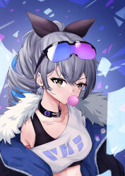 Rule 34 | 1girl, absurdres, black choker, black ribbon, blowing bubbles, breasts, choker, commentary, crop top, drill hair, eyewear on head, fur-trimmed jacket, fur trim, grey eyes, grey hair, hair between eyes, hair ribbon, highres, honkai: star rail, honkai (series), jacket, long hair, looking at viewer, medium breasts, midriff, open clothes, open jacket, ponytail, ribbon, shirt, silver wolf (honkai: star rail), single-shoulder shirt, solo, sunglasses, upper body, v-shaped eyebrows, vect, white shirt