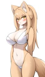 Rule 34 | 1girl, animal ear fluff, animal ears, animal nose, blonde hair, blush, body fur, bra, breasts, closed mouth, fox ears, fox girl, fox tail, furry, furry female, highres, jeifier (korfiorano01), large breasts, long hair, looking at viewer, navel, original, panties, simple background, snout, solo, tail, two-tone fur, underwear, white bra, white fur, white panties, yellow eyes, yellow fur