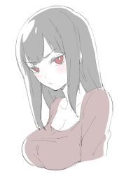 Rule 34 | 1girl, absurdres, bad id, bad twitter id, black hair, blush, breasts, bright pupils, cleavage, closed mouth, cropped arms, cropped torso, donguri suzume, from behind, from side, highres, large breasts, long hair, long sleeves, looking at viewer, pale color, red eyes, red sweater, simple background, solo, sweater, white background