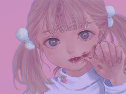 Rule 34 | 1girl, blonde hair, blue eyes, child, chromatic aberration, female focus, hair ornament, highres, lipstick, looking at viewer, makeup, nail polish, nanami yuki (yuki77mi), original, parted lips, pink background, pink nails, simple background, smeared lipstick, solo, twintails