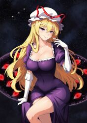 Rule 34 | 1girl, absurdres, black background, blonde hair, breasts, cleavage, closed mouth, commentary, crossed legs, dress, elbow gloves, english commentary, gloves, hat, hat ribbon, highres, large breasts, long hair, looking at viewer, mob cap, purple dress, purple eyes, red ribbon, ribbon, short sleeves, simple background, sitting, smacphadraig, smile, solo, touhou, white gloves, white hat, yakumo yukari