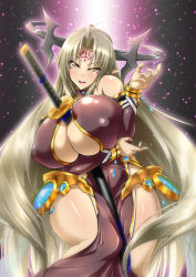 Rule 34 | 1girl, artist request, between breasts, blonde hair, breast hold, breasts, character request, cleavage, dress, huge breasts, legs, long hair, looking at viewer, open mouth, pelvic curtain, pink lips, smile, sword, thick thighs, thighs, very long hair, weapon, yellow eyes