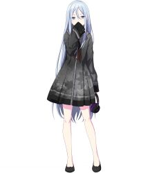 Rule 34 | 1girl, black footwear, blue eyes, covered mouth, covering own mouth, expressionless, full body, grey hair, hair between eyes, hand over own mouth, headphones, highres, holding, holding headphones, long hair, long sleeves, looking to the side, non-web source, official art, project sekai, sleeves past fingers, sleeves past wrists, solo, straight hair, tachi-e, very long hair, yoisaki kanade