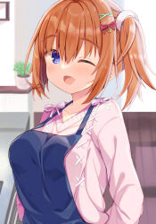 Rule 34 | 1girl, ;d, apron, arms behind back, blue apron, blue eyes, blush, bow, breasts, cafe stella to shinigami no chou, collarbone, commentary, hair between eyes, hair bow, hair ornament, hairclip, highres, indoors, large breasts, long sleeves, looking at viewer, one eye closed, open mouth, orange hair, pink ribbon, pink sweater, red bow, ribbon, segaxtu, sidelocks, smile, solo, sumizome nozomi, sweater, thick eyebrows, twintails, upper body, x hair ornament, yuzu-soft