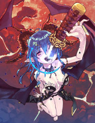 Rule 34 | 1girl, ahoge, bare legs, bare shoulders, barefoot, bat wings, black dress, blue hair, breasts, cleavage, commentary request, demon girl, demon horns, demon wings, dress, flying, from above, highres, horns, katana, long hair, looking up, open mouth, original, pointy ears, red eyes, smile, solo, subachi, swallow sword, sword, tongue, tongue out, weapon, wings