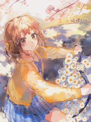 Rule 34 | 1girl, abstract background, artist name, bicycle, bicycle basket, blue bow, blue neckwear, blue skirt, bow, branch, brown hair, brown shirt, chinese commentary, commentary request, daisy, dated, expressionless, flower, hair ribbon, heterochromia, highres, jacket, ling mou, looking at viewer, orange eyes, original, parted lips, plaid, plaid skirt, red eyes, ribbon, riding, riding bicycle, school uniform, serafuku, shirt, short hair, sitting, skirt, solo, yellow jacket