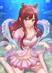 Rule 34 | 1girl, absurdres, alternate hairstyle, blush, bracelet, breasts, closed mouth, collarbone, coral, fish, floating hair, frilled skirt, frills, hair ornament, hair rings, highres, idolmaster, idolmaster shiny colors, jewelry, long hair, looking at viewer, medium breasts, navel, osaki amana, pink skirt, red hair, see-through, see-through sleeves, simoumi 217, sitting, skirt, smile, solo, submerged, swept bangs, thigh strap, underwater, wariza, water, yellow eyes